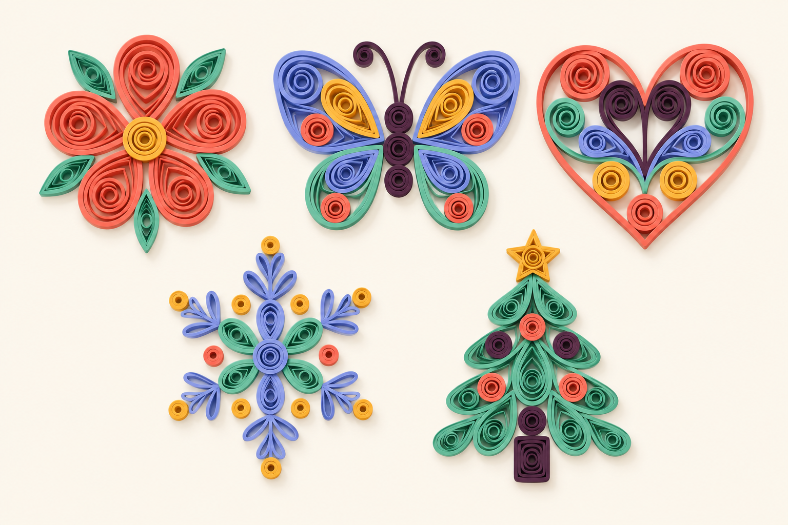 Planche de plusieurs modèles de quilling gratuits alignés